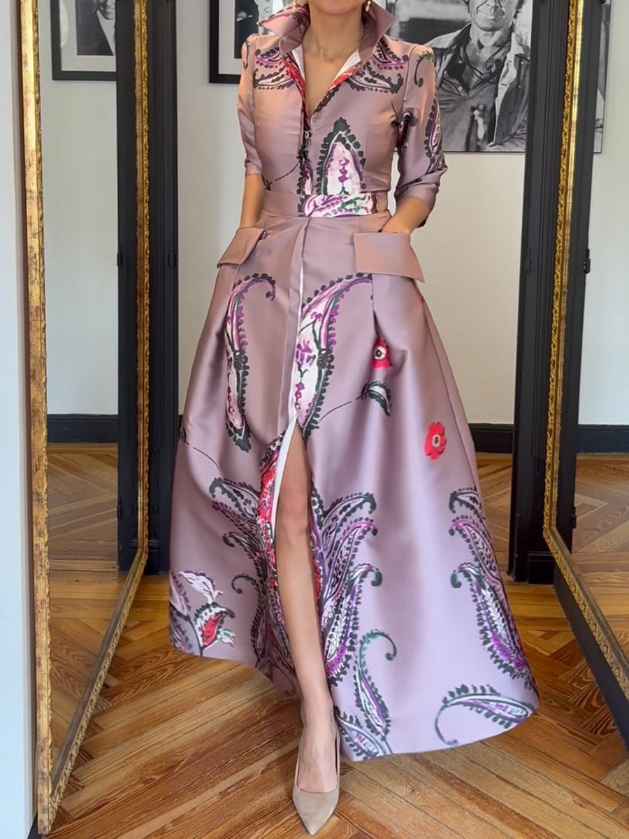 Printed Pockets Slit Hem Maxi Dress