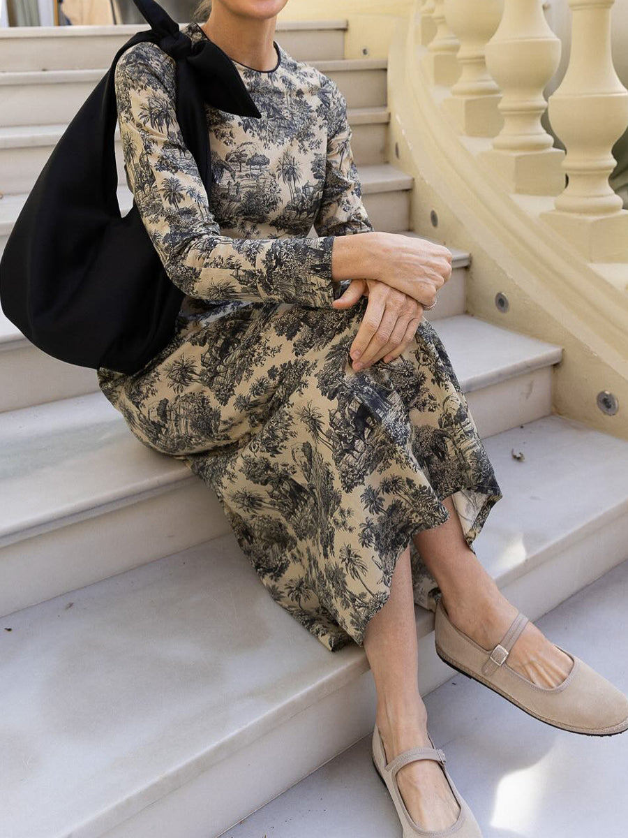 Elegant Printed Long Sleeve Round Neck A- Line Dress