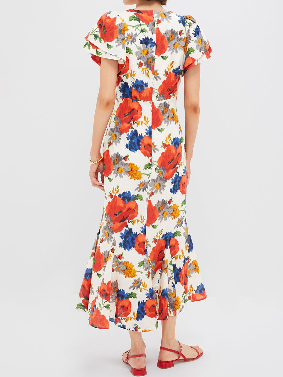 Printed Ruffled Sleeve High-low Hem Dress