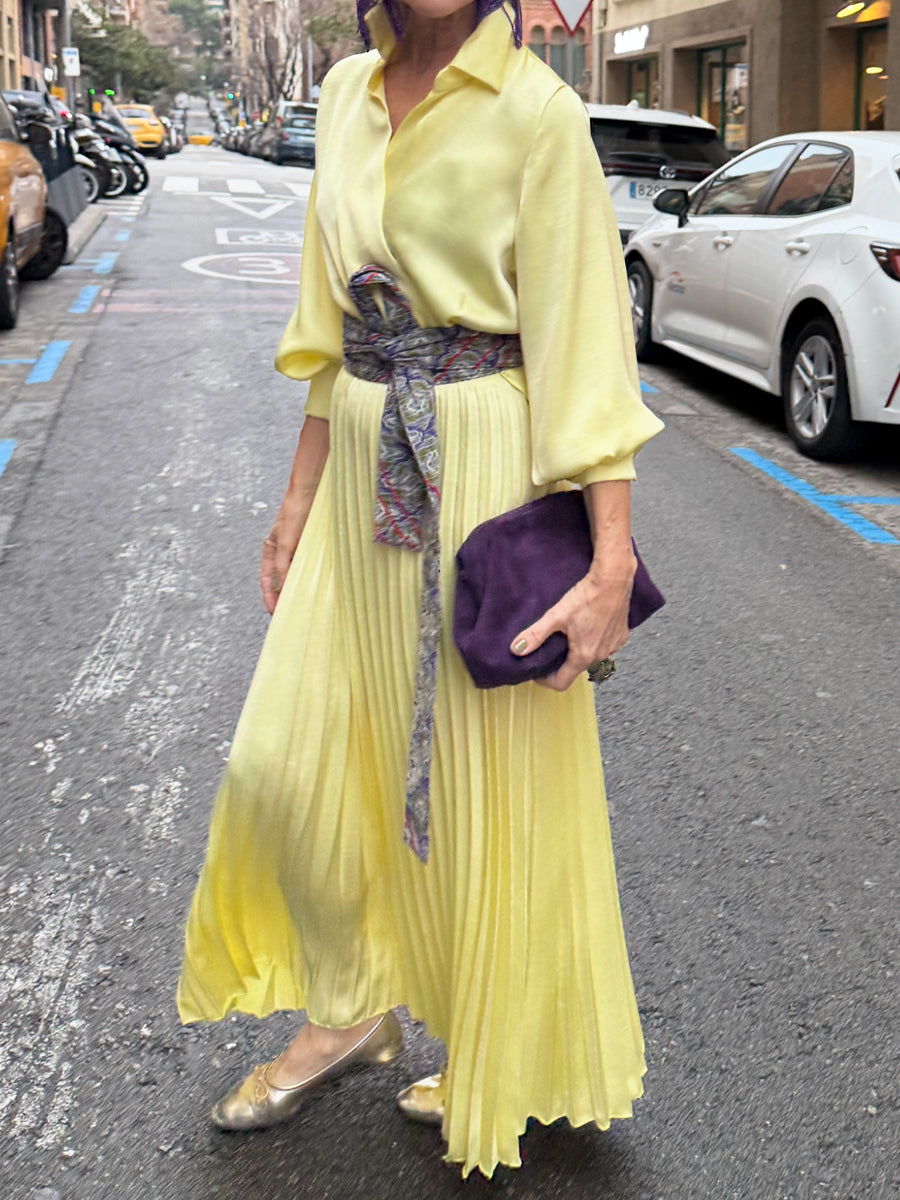 V Neck Belted Satin Dress