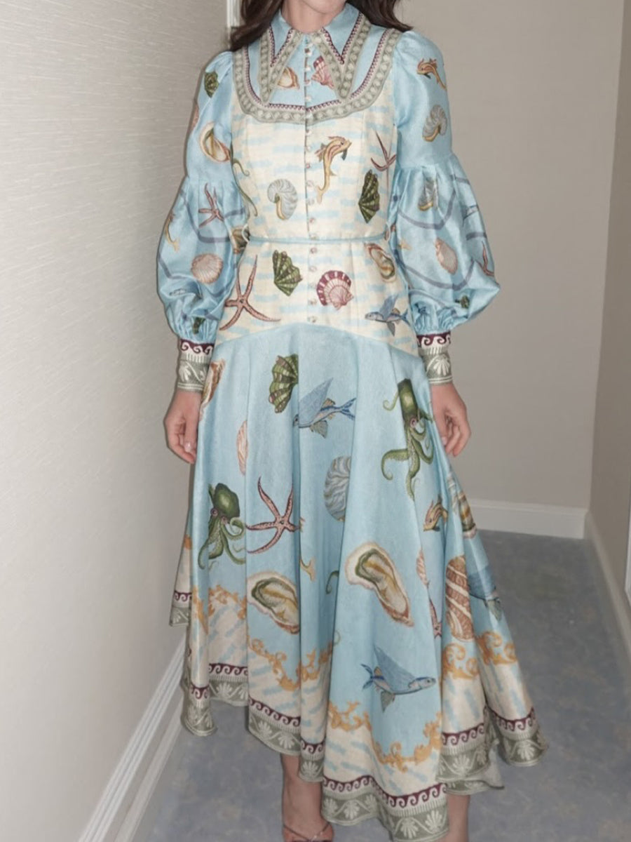 Elegant Lantern Sleeve Printed Maxi Dress