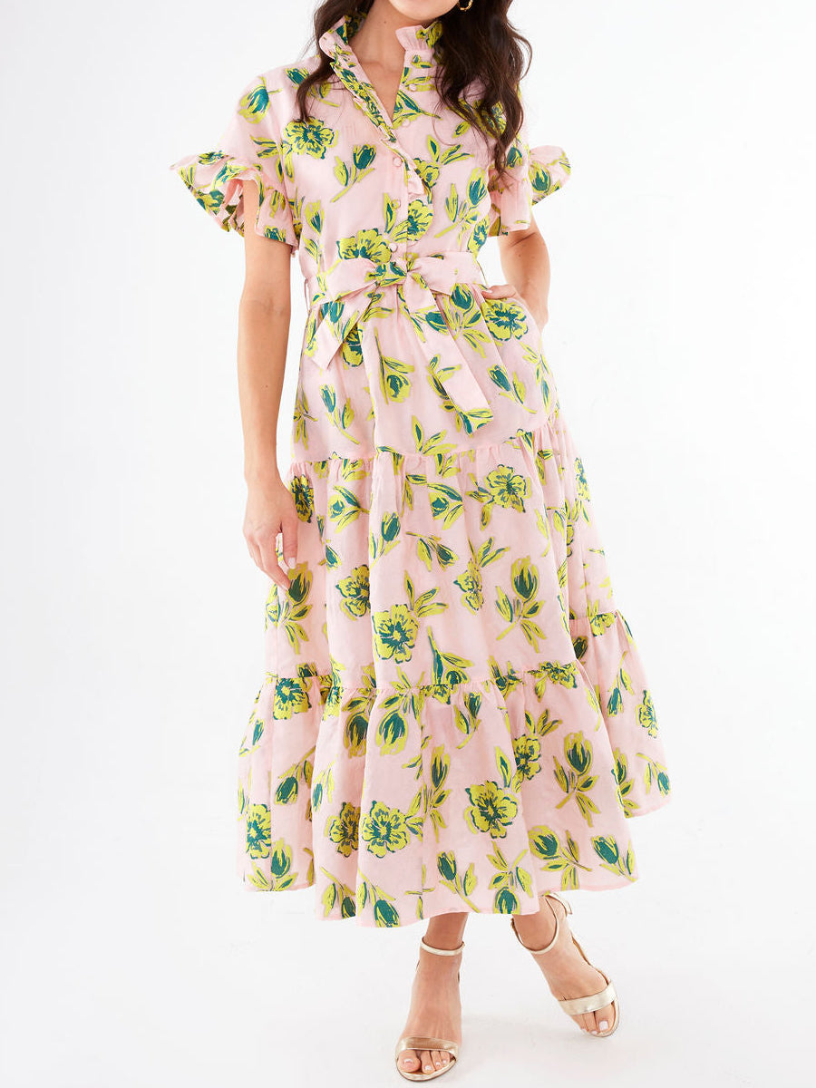 Ruffle Neck Short Ruffle Sleeve Printed Dress