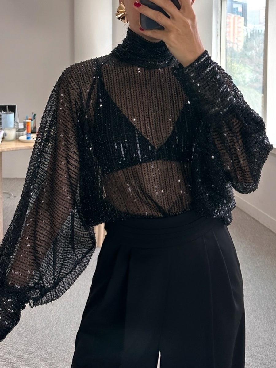 Sequined Loose High Neck Blouse
