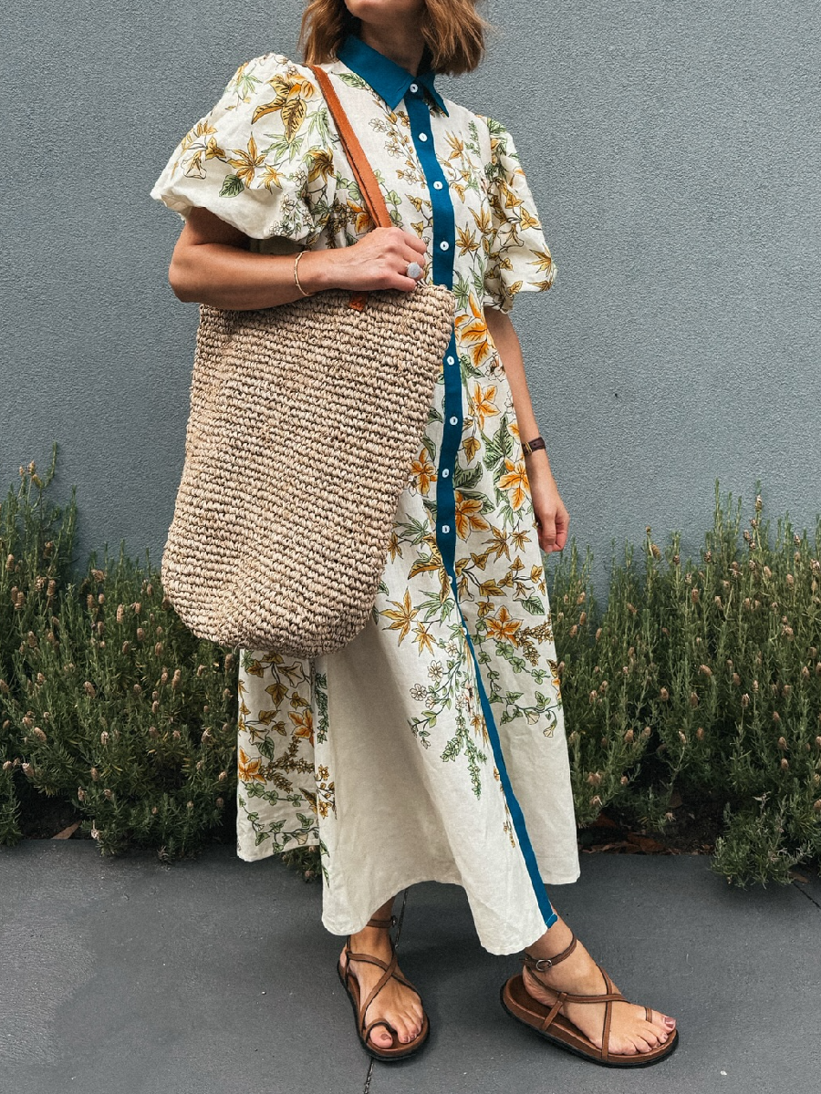 Spring Yellow Floral Denim Shirt Dress