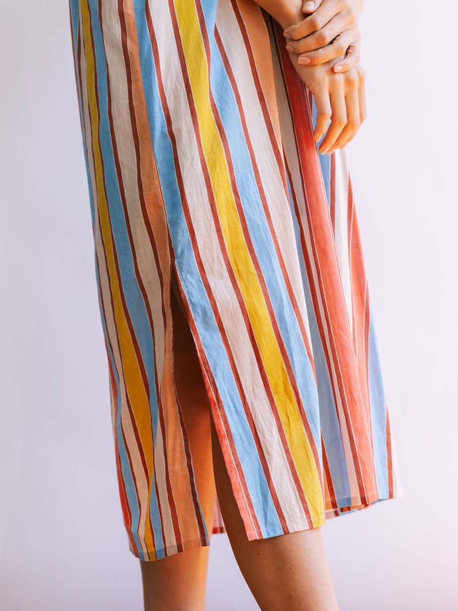 Striped Print V Neck Loose Dress