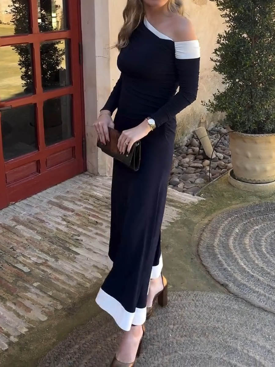 Skew Neck Color Block Maxi Dress