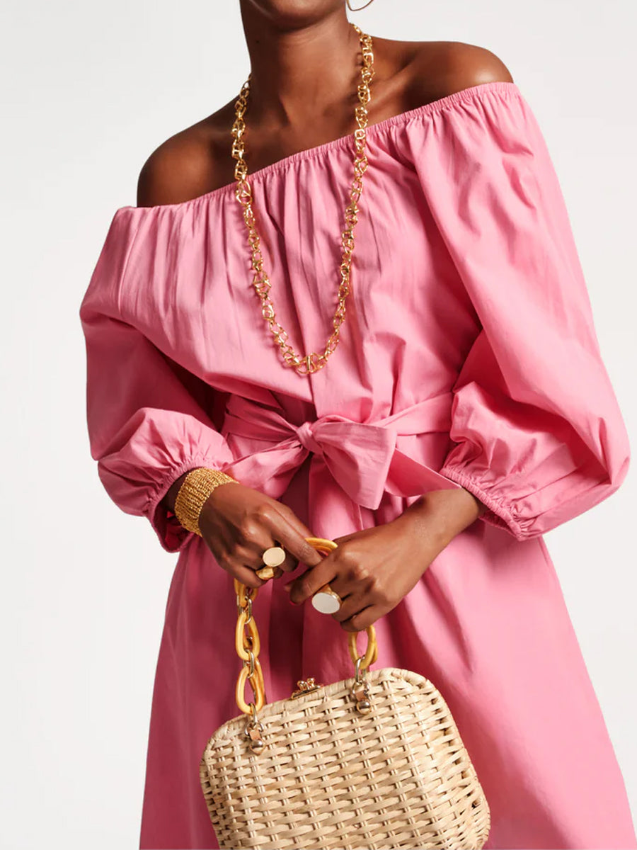 Off Shoulder Belted Loose Midi Dress