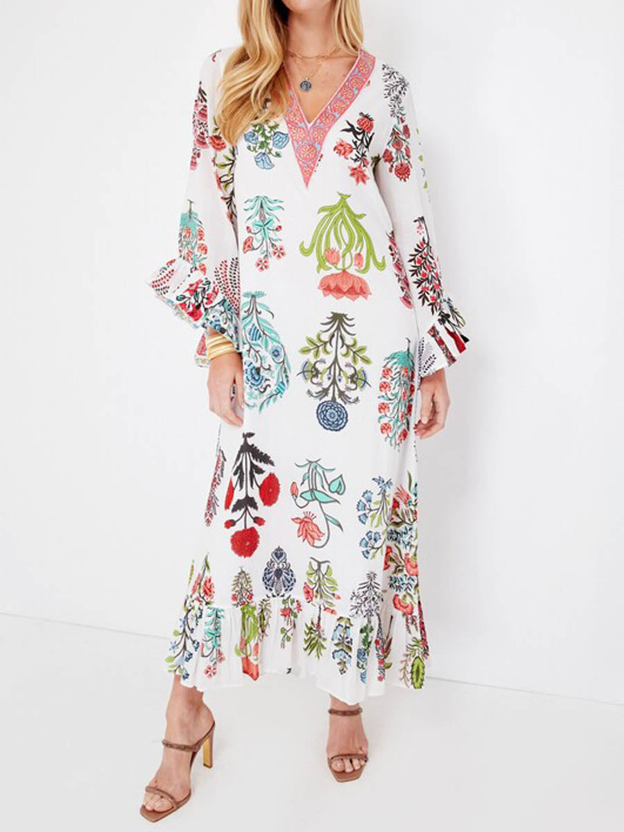 Floral Print Ruffled Cuffs V Neck Dress