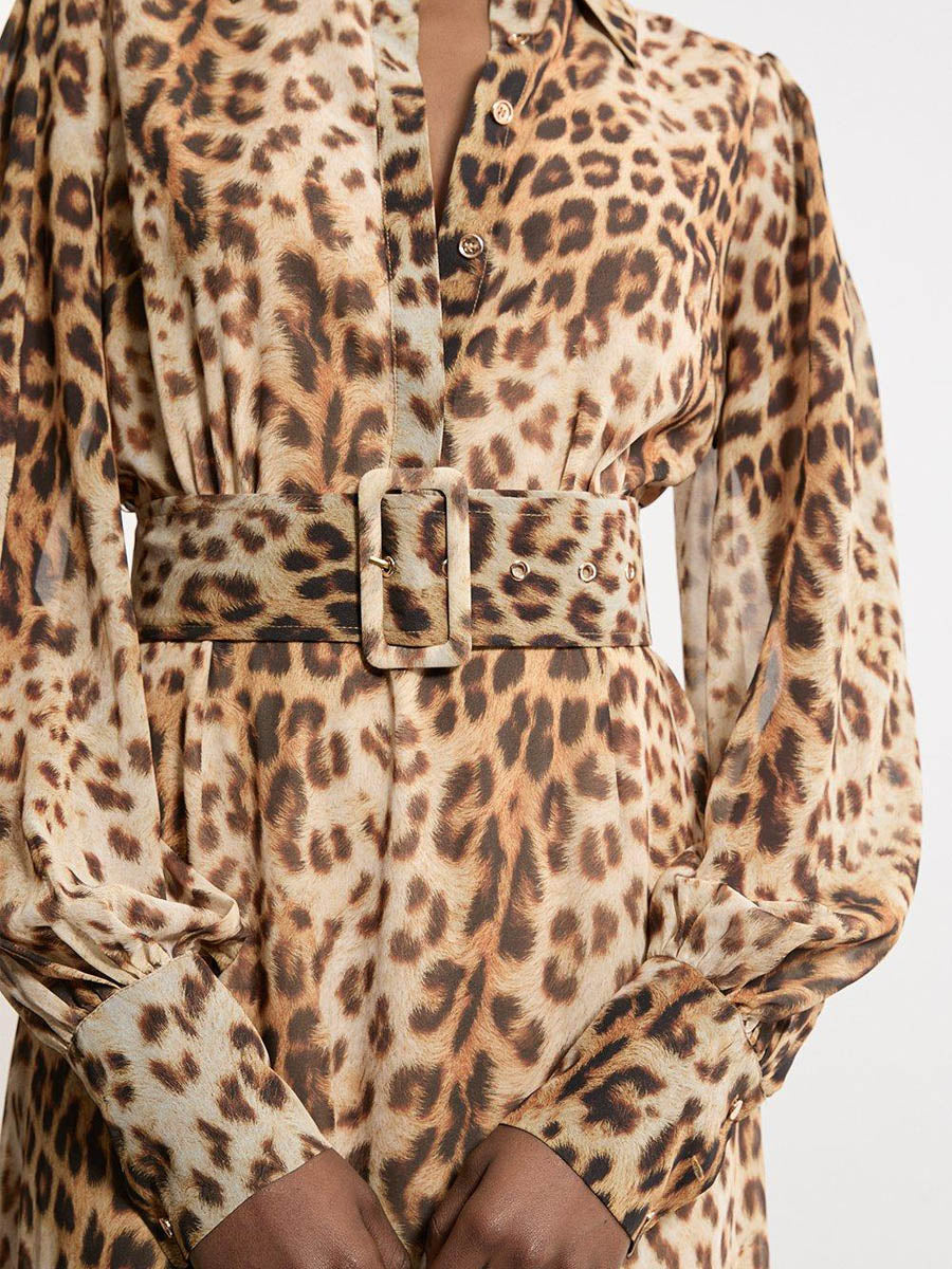 Belted Leopard Print Shirt Dress