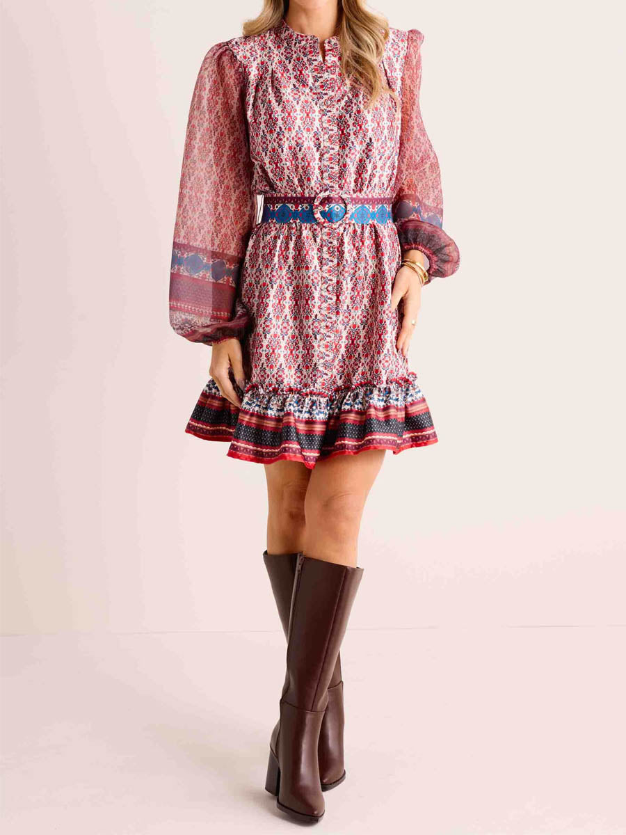Printed Long Sleeve Belted Mini Dress