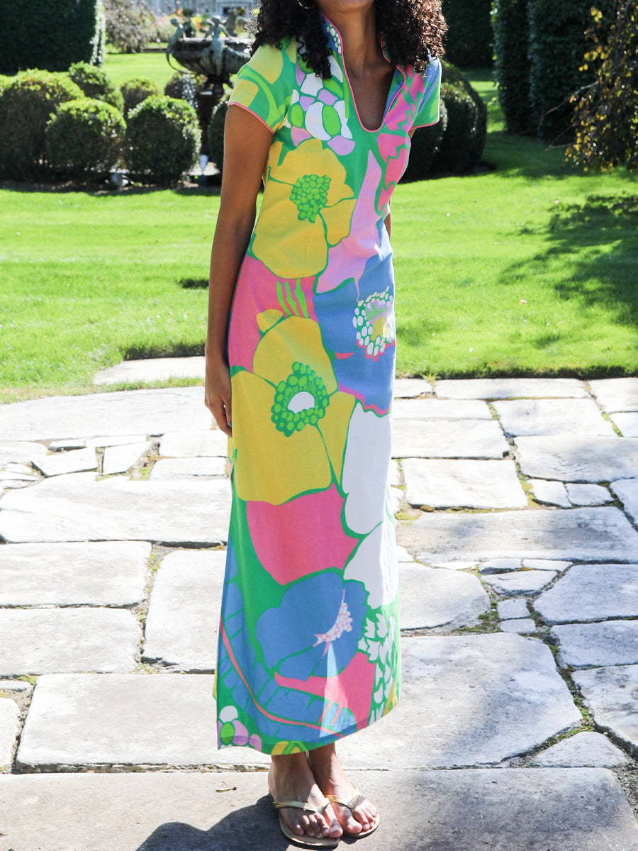 Printed Slit Hem V Neck Maxi Dress