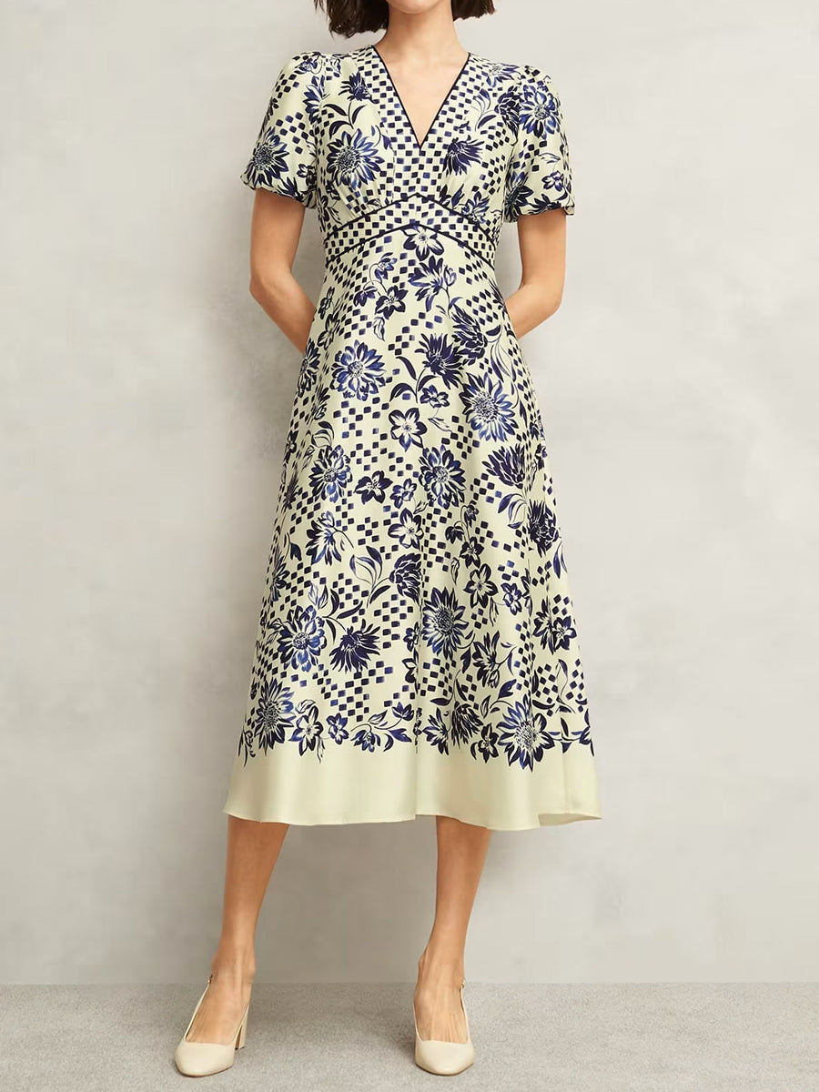 Printed V Neck Short Sleeve Dress