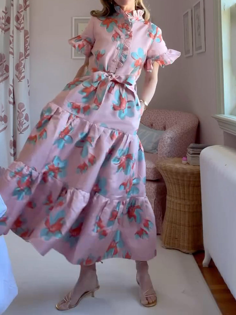 Ruffle Neck Short Ruffle Sleeve Printed Dress