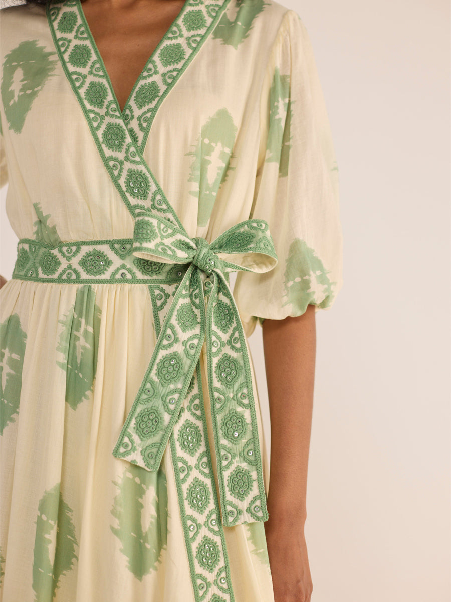 Printed Belted V Neck Wrap Dress