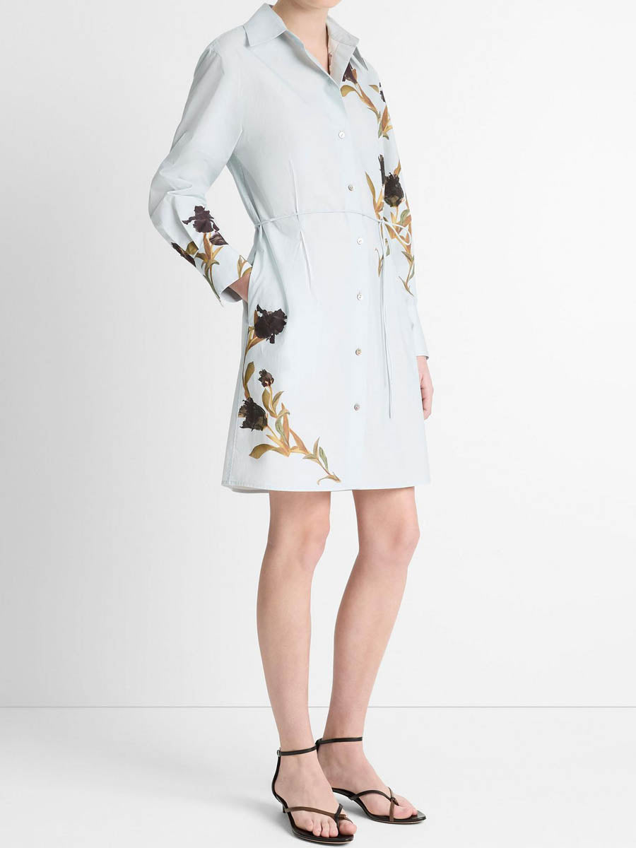 Printed Self-tie Belt Shirt Mini Dress