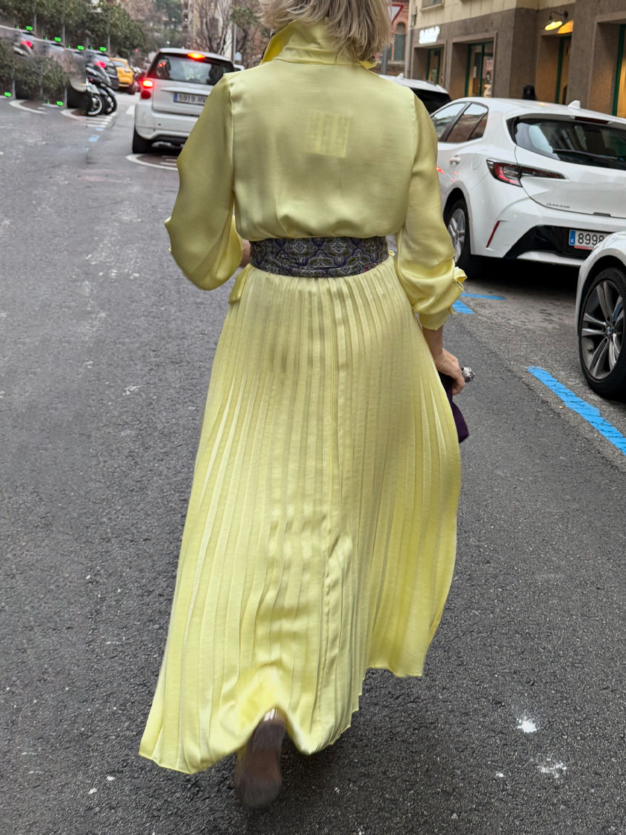 V Neck Belted Satin Dress