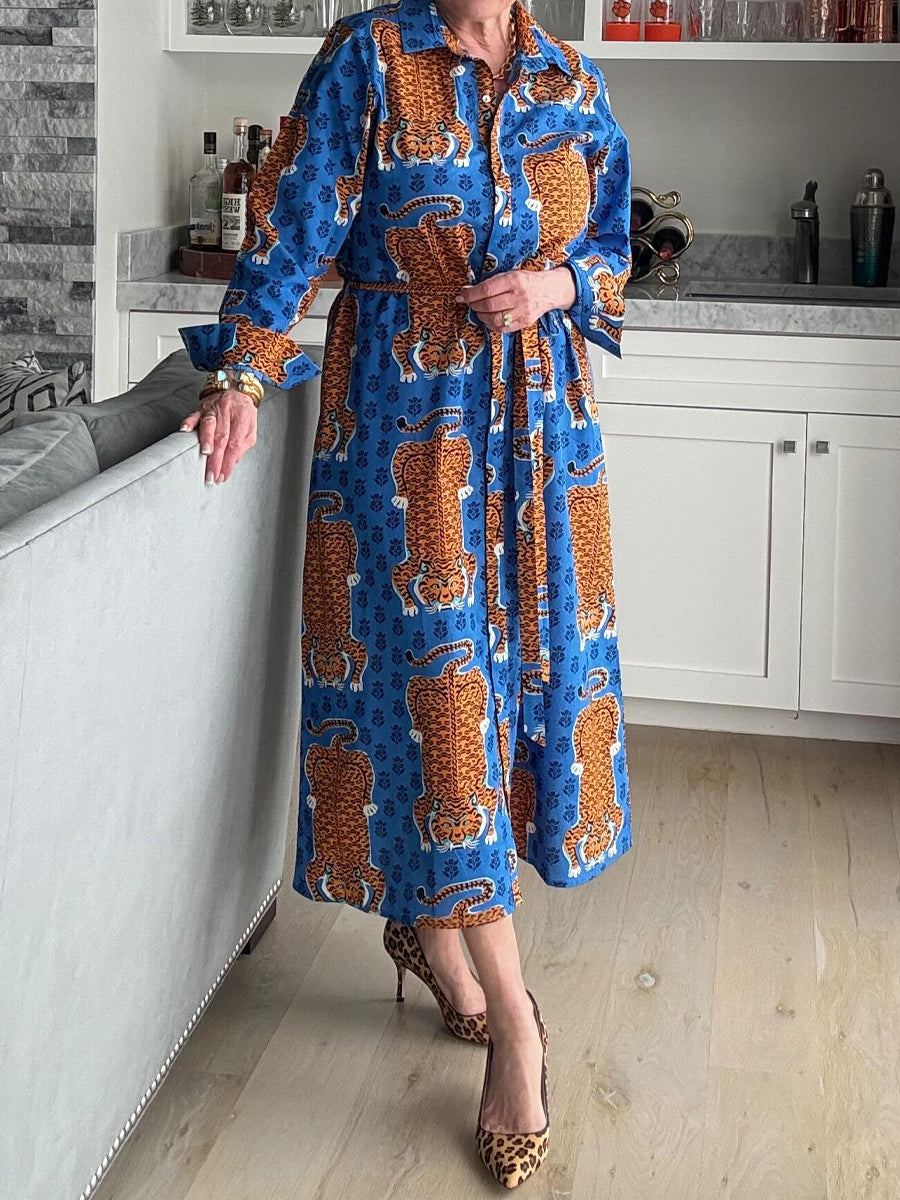 Printed Long Sleeve Belted Shirtdress