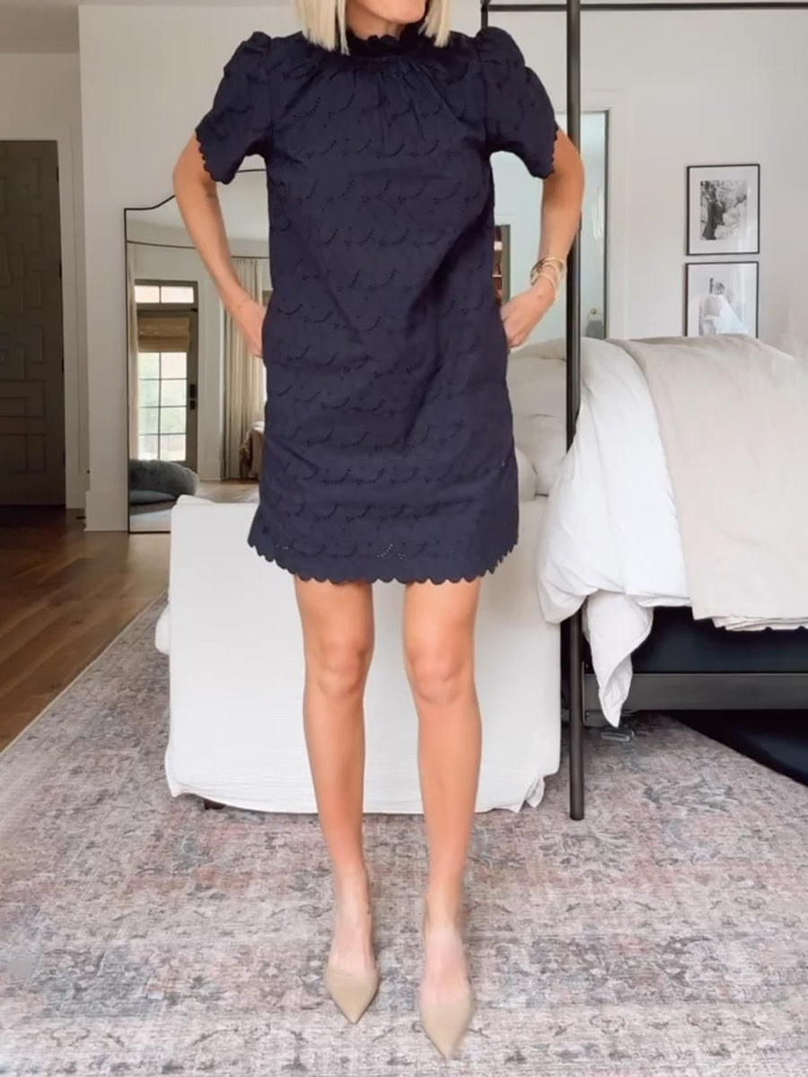 Ruffle Neck Eyelet Mini Dress