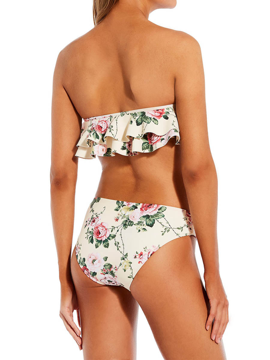 Floral Print Ruffle Bandeau Swim Top & High Waisted Swim Bottom