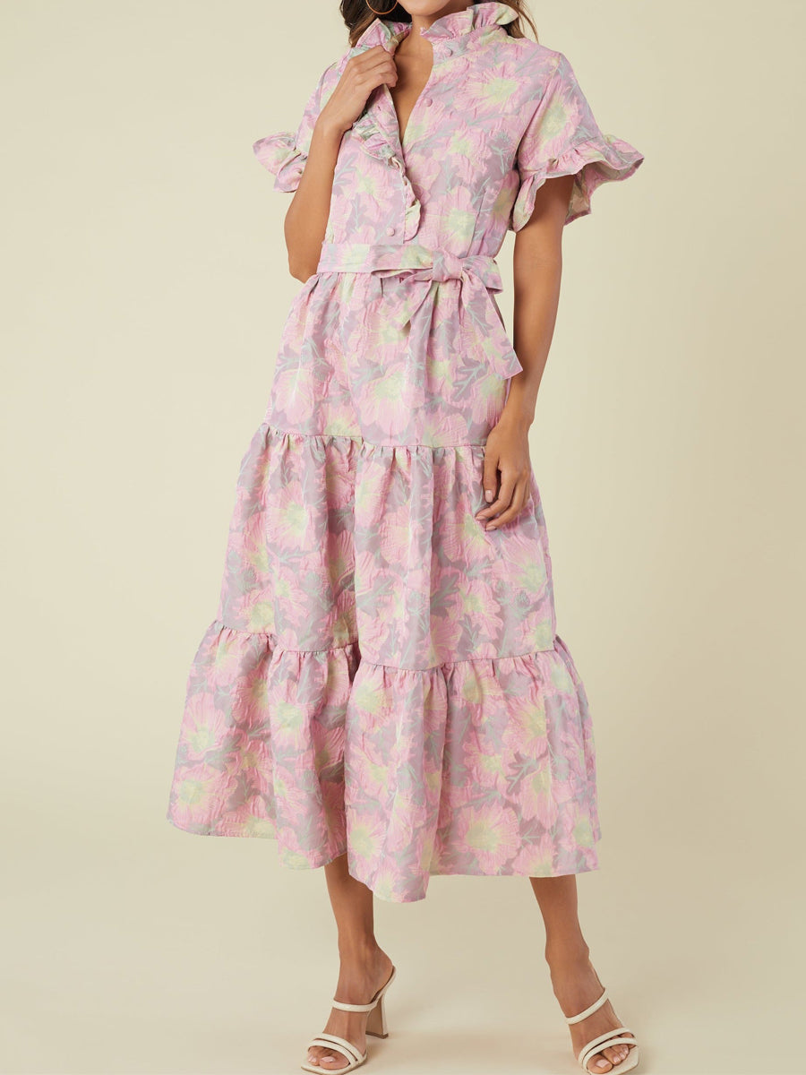 Ruffle Neck Short Ruffle Sleeve Printed Dress