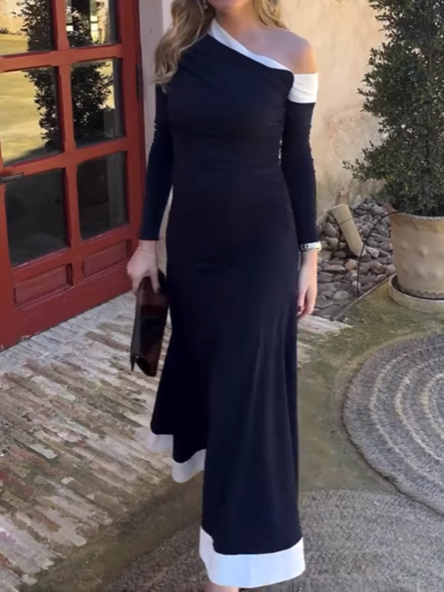 Skew Neck Color Block Maxi Dress