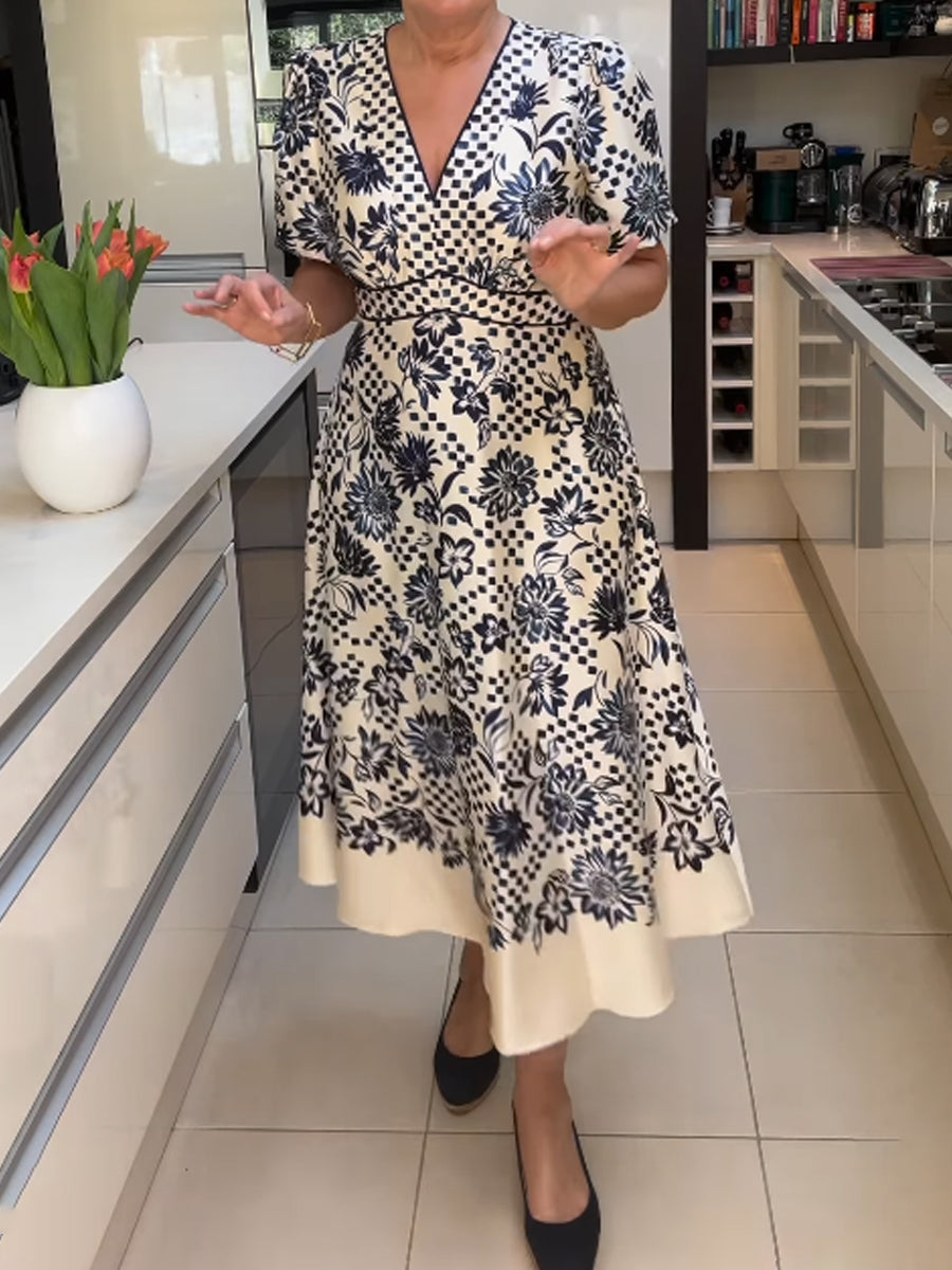 Printed V Neck Short Sleeve Dress