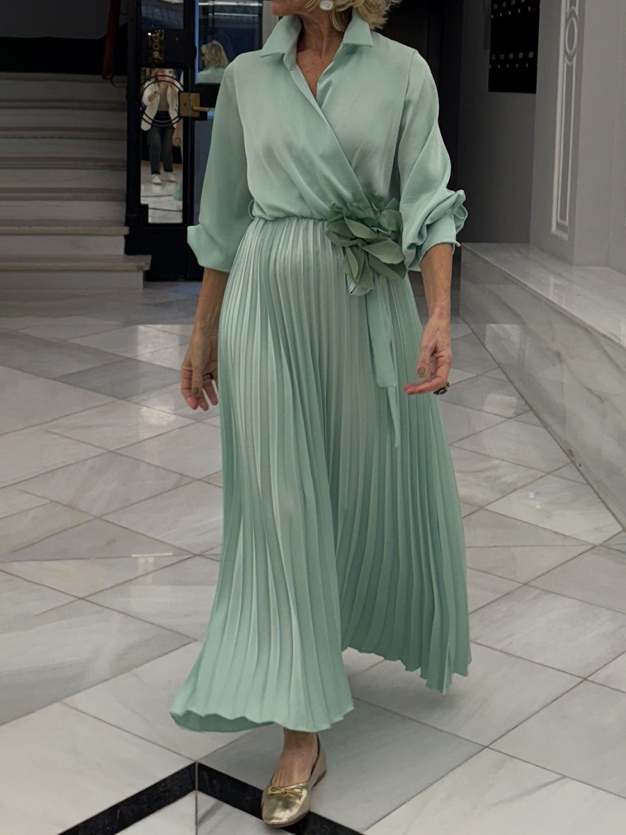 V Neck Belted Satin Dress