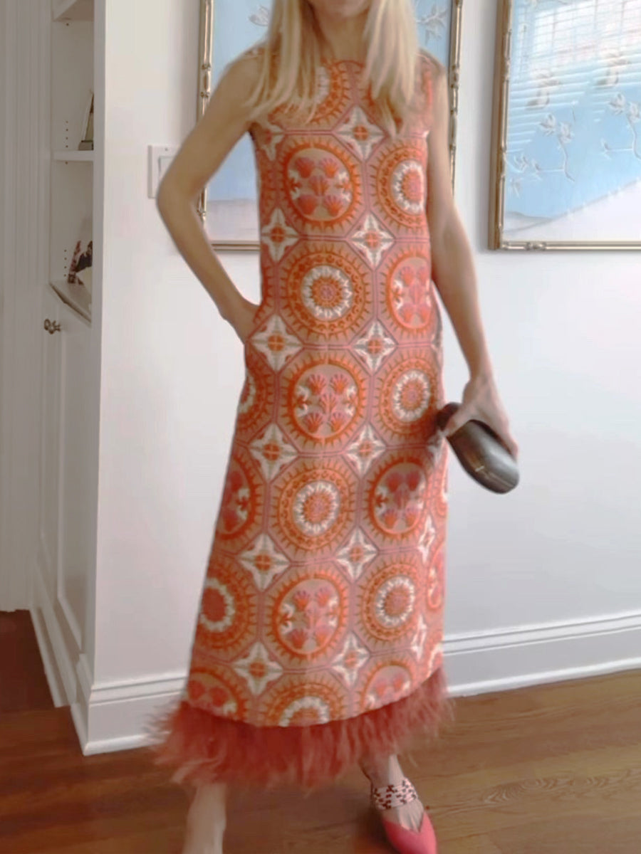 Feathers Sleeveless Printed Maxi Dress