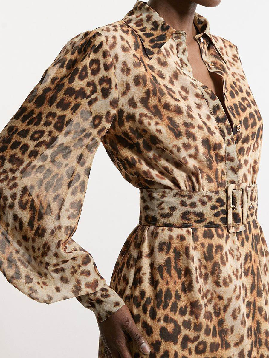 Belted Leopard Print Shirt Dress