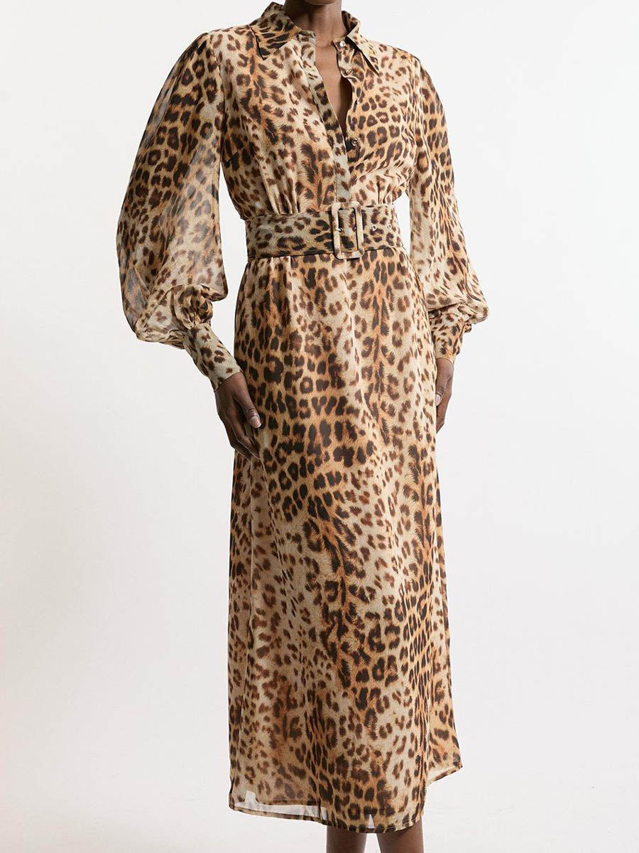 Belted Leopard Print Shirt Dress