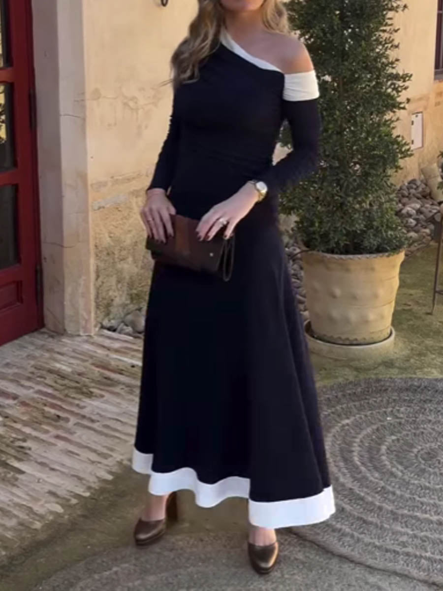 Skew Neck Color Block Maxi Dress