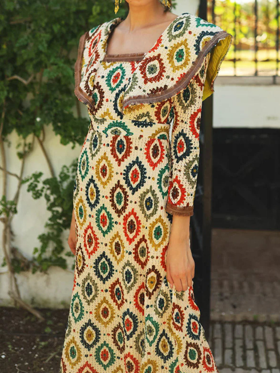 Square Collar Printed Elegant Maxi Dress