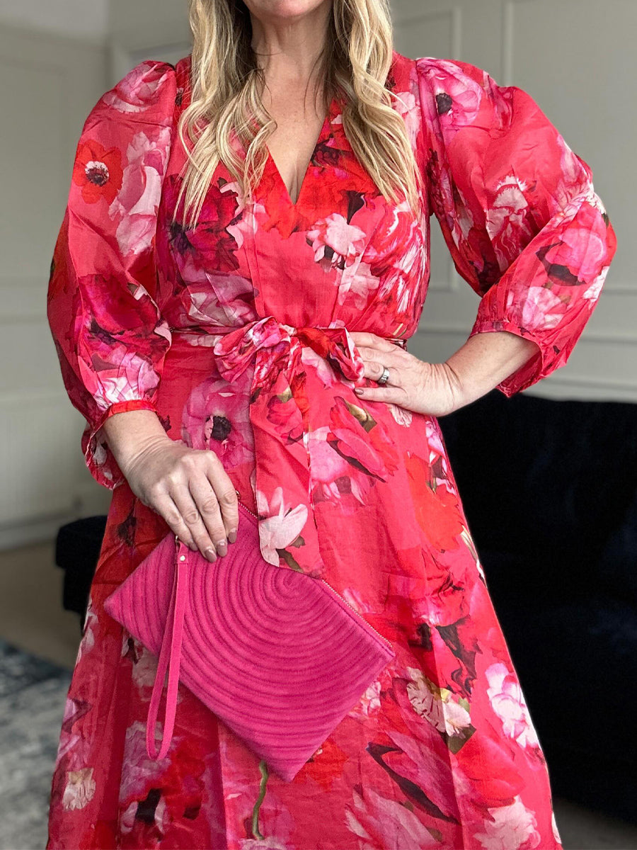 Printed V Neck Belted Midi Dress