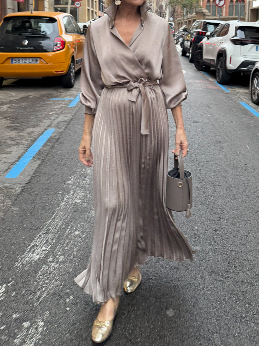 V Neck Belted Satin Dress