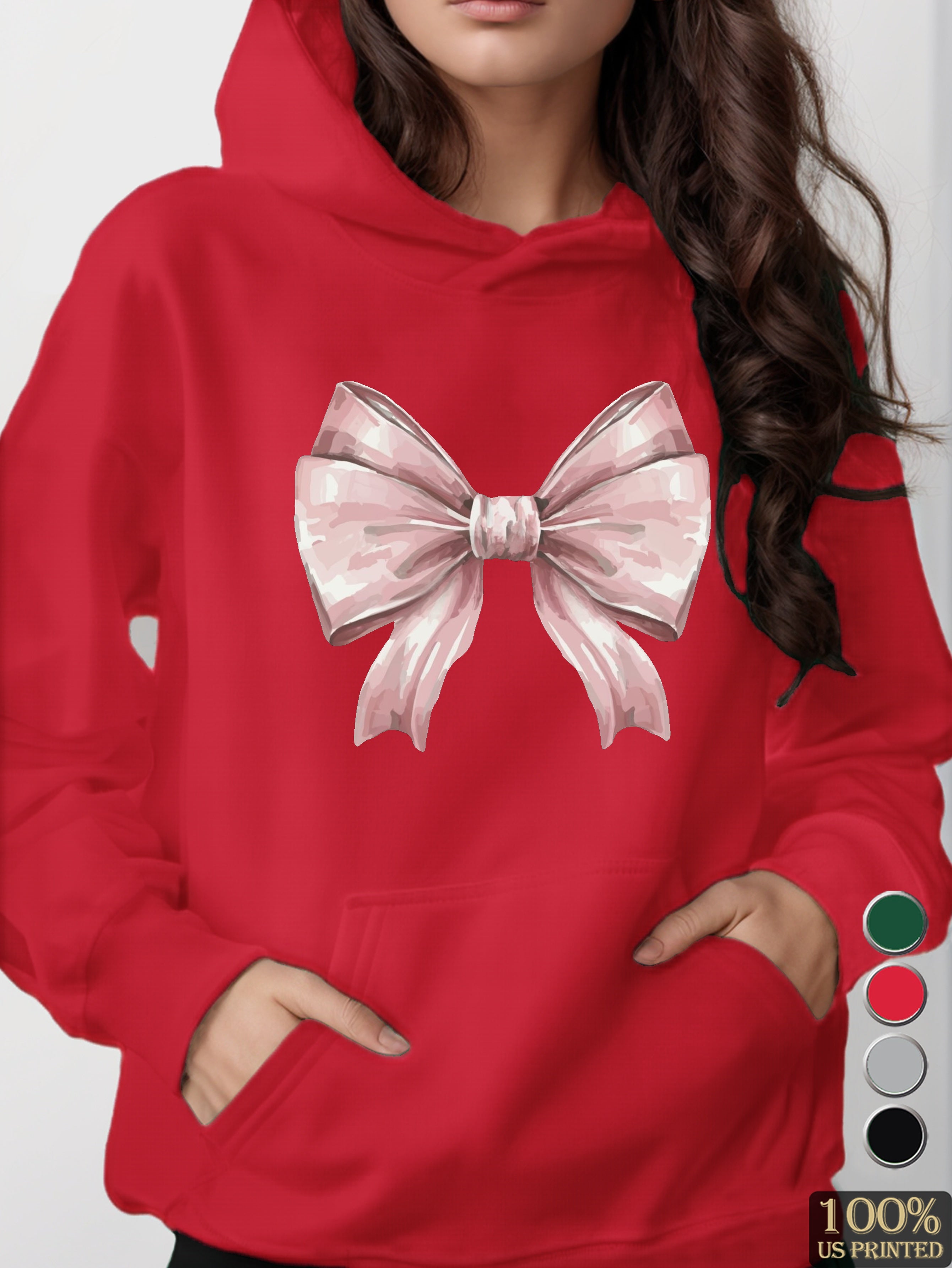 Elegant watercolor pink bow women's hooded sweatshirt