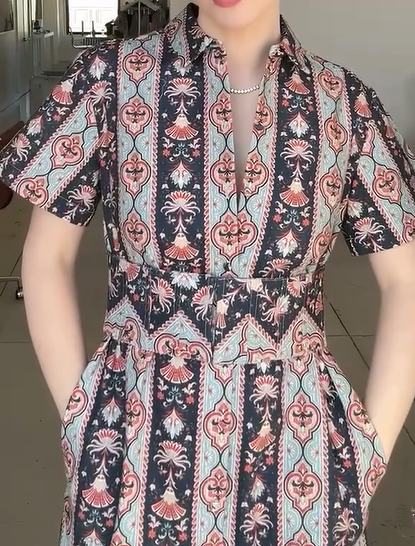 Chic Printed Shirt Dress With Pockets