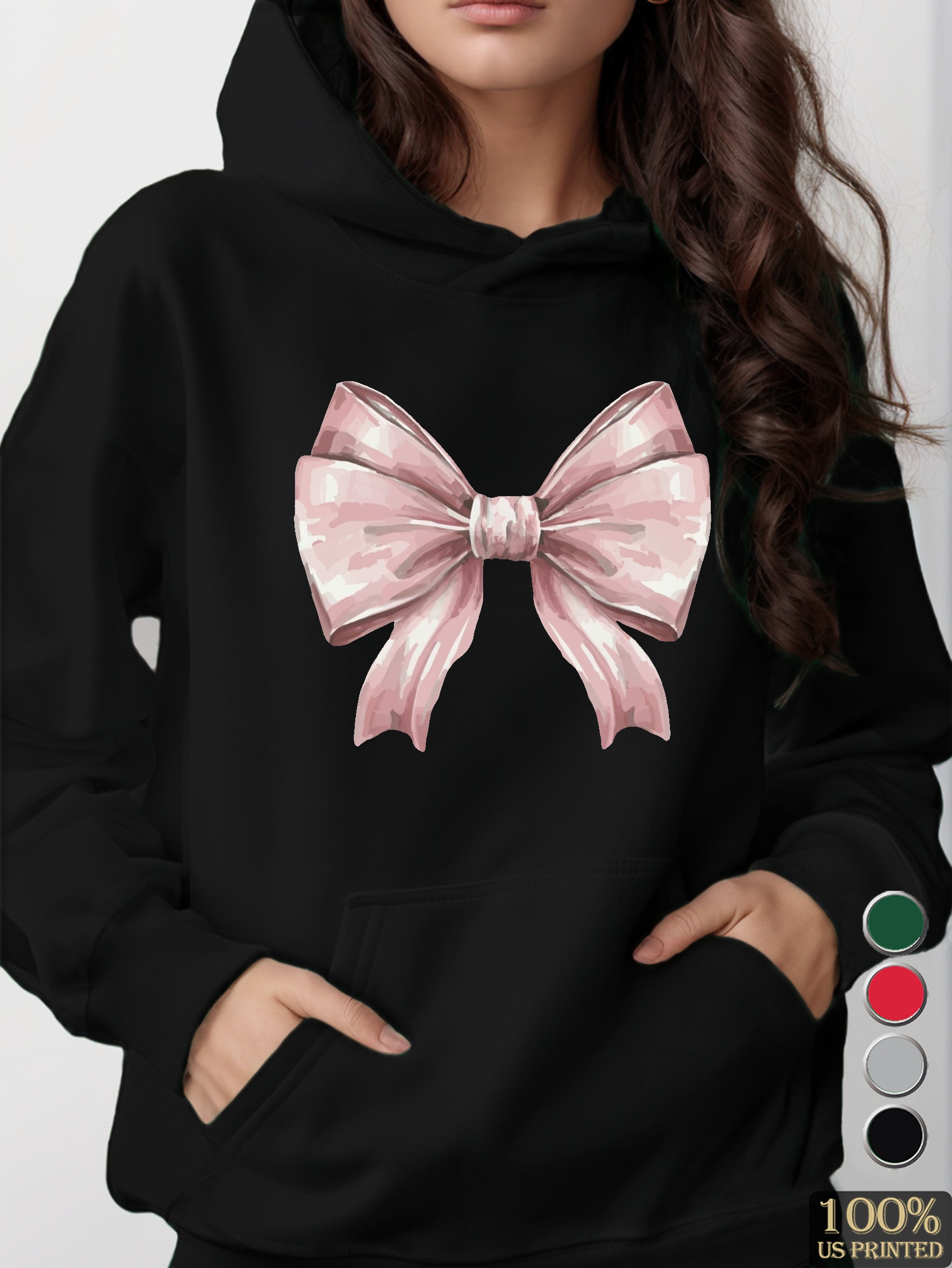 Elegant watercolor pink bow women's hooded sweatshirt