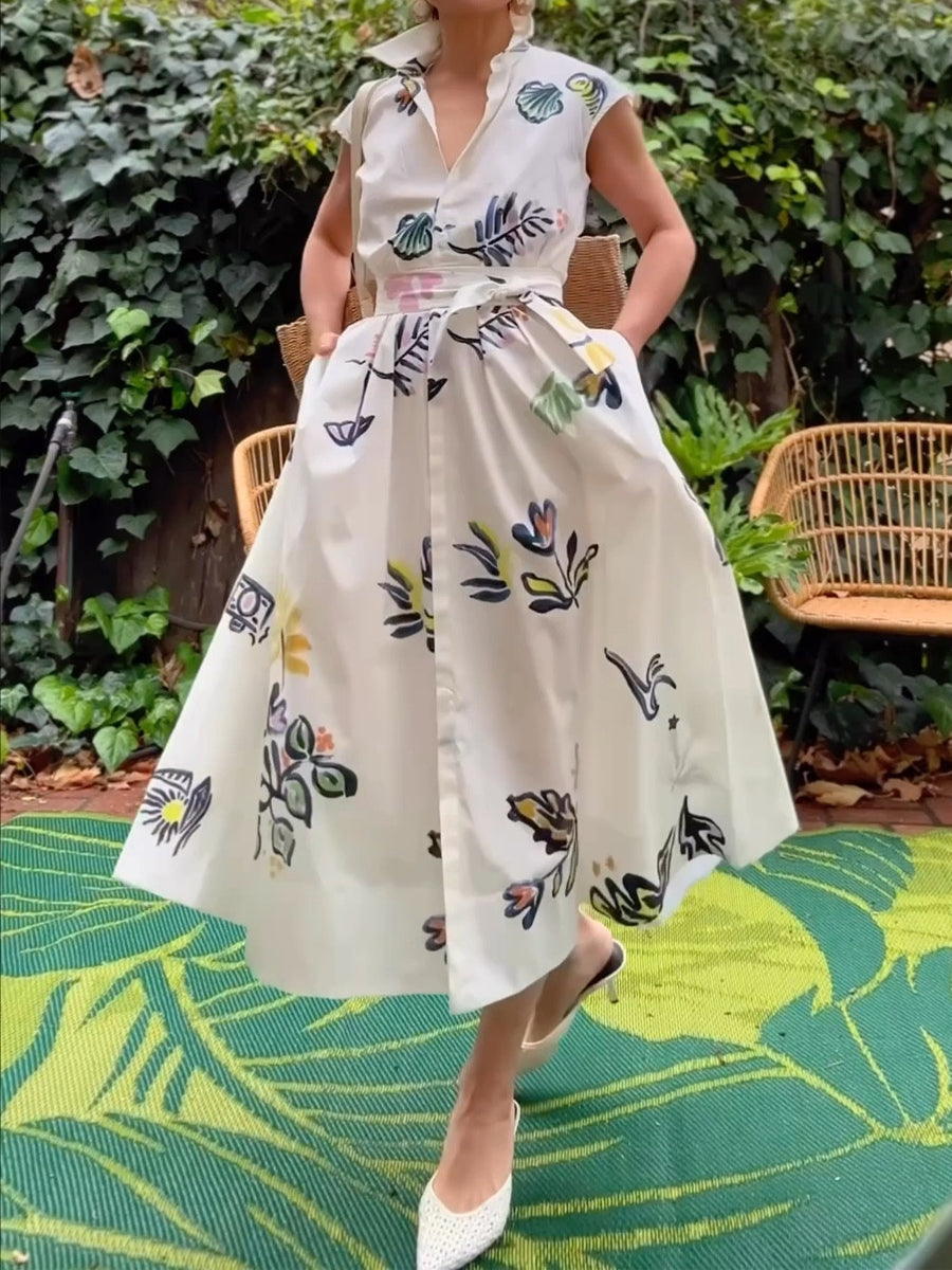 Sleeveless Printed Belted Shirtdress