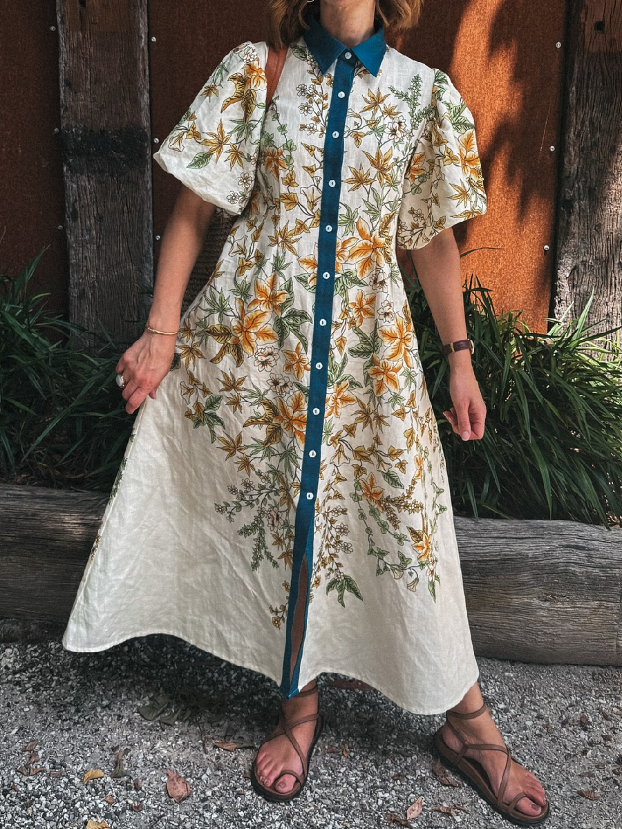 Spring Yellow Floral Denim Shirt Dress