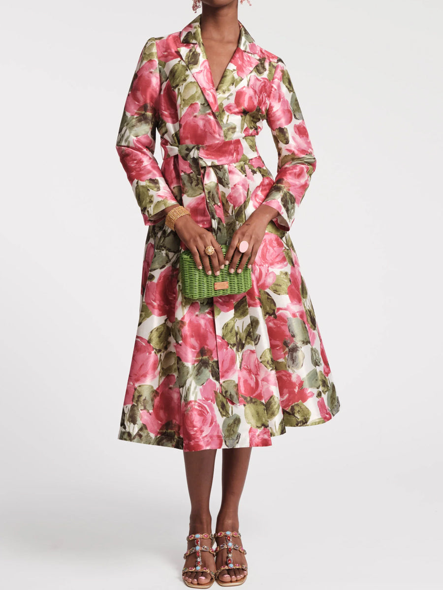 Lapel Notch Collar Printed Midi Wrap Dress