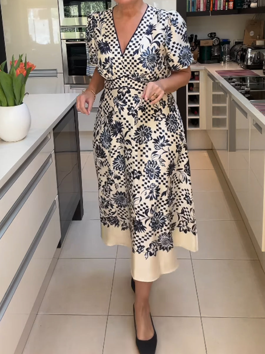 Printed V Neck Short Sleeve Dress