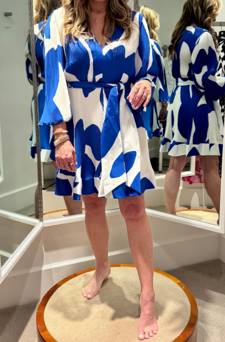 Blue Printed Pleated Short Dress