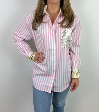 Chic Pink Striped Floral Blouse