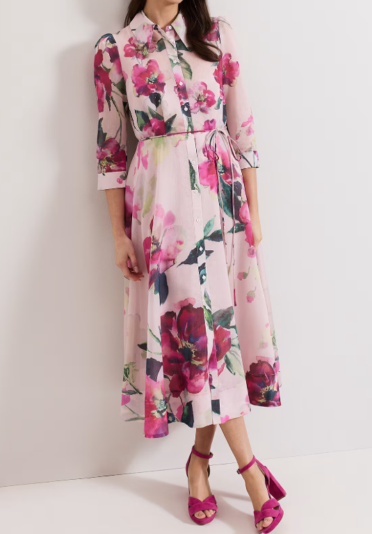 Romantic Floral Pocketed Shirt Dress