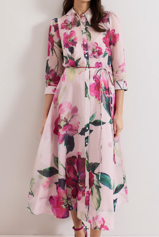 Romantic Floral Pocketed Shirt Dress