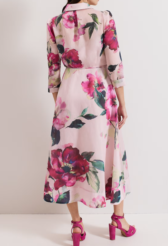 Romantic Floral Pocketed Shirt Dress