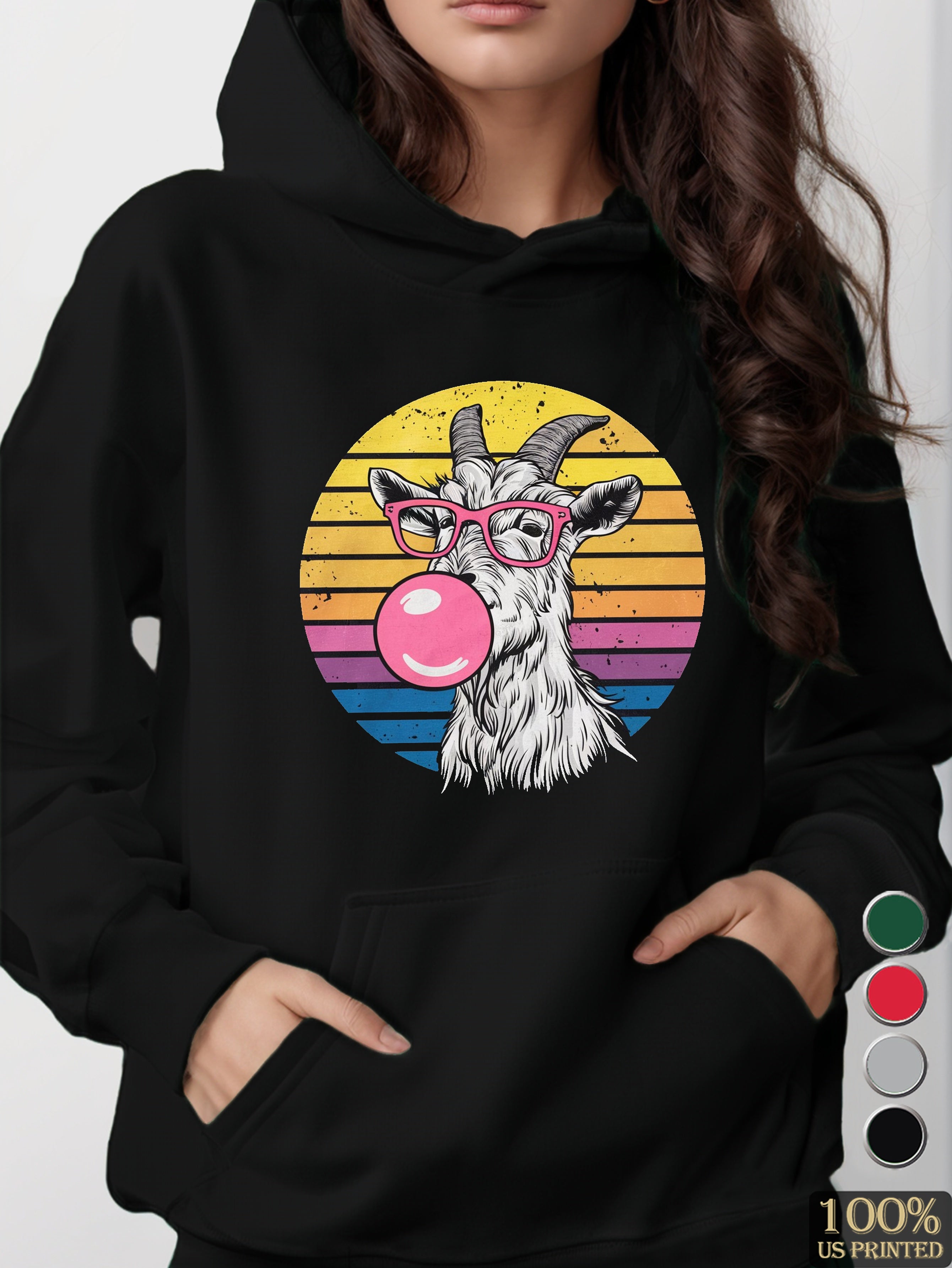 Goat wearing pink glasses women's hooded sweatshirt
