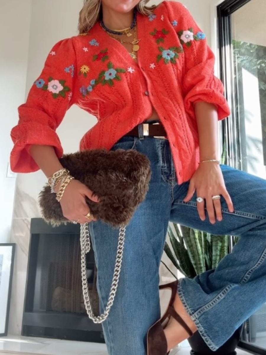 Flower Embroidered Knitted Cardigan