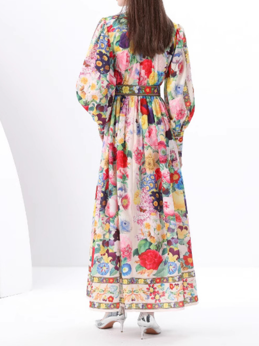 Lantern Sleeve Tight Waist Elegant Printed Dress