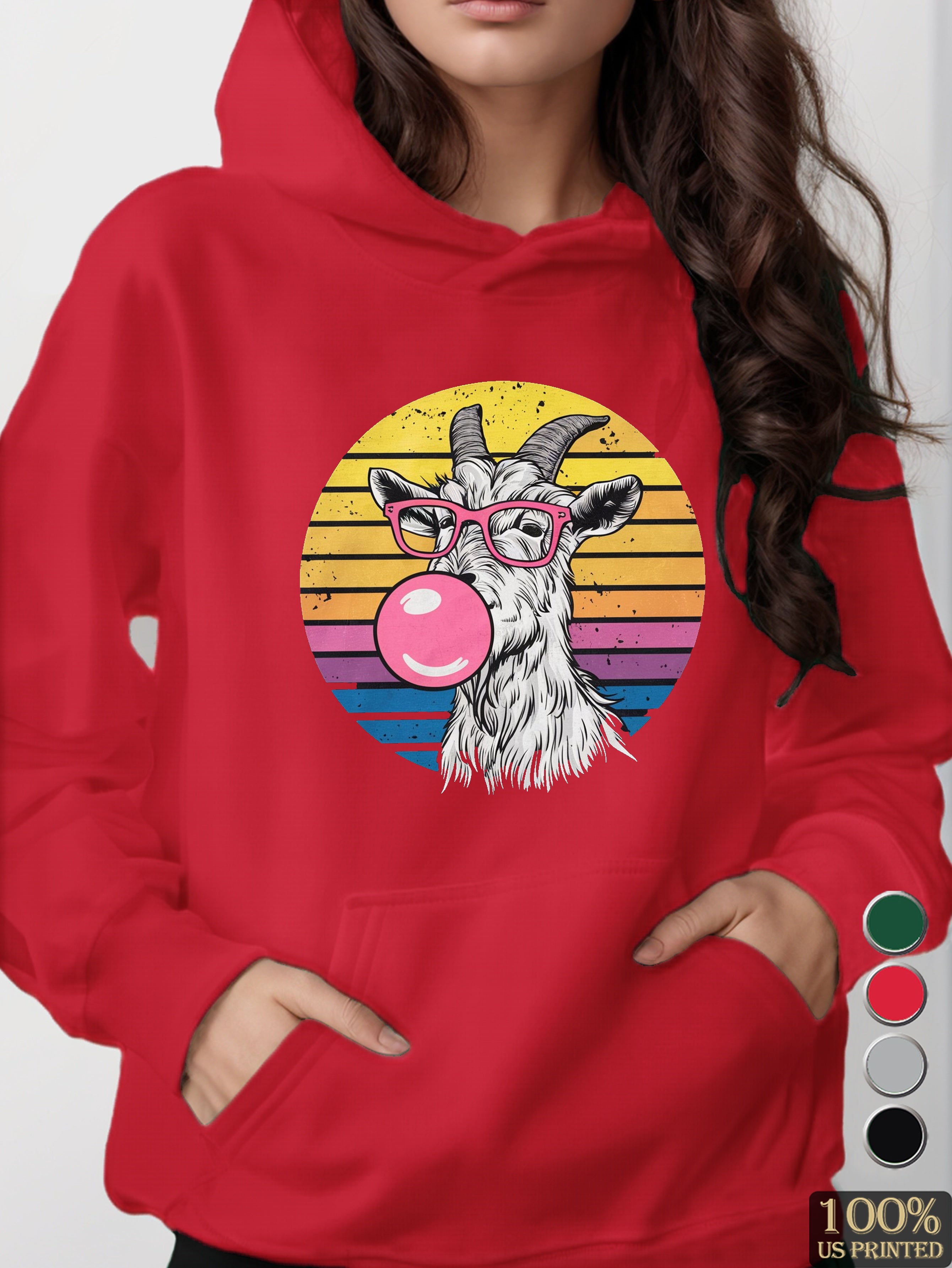 Goat wearing pink glasses women's hooded sweatshirt